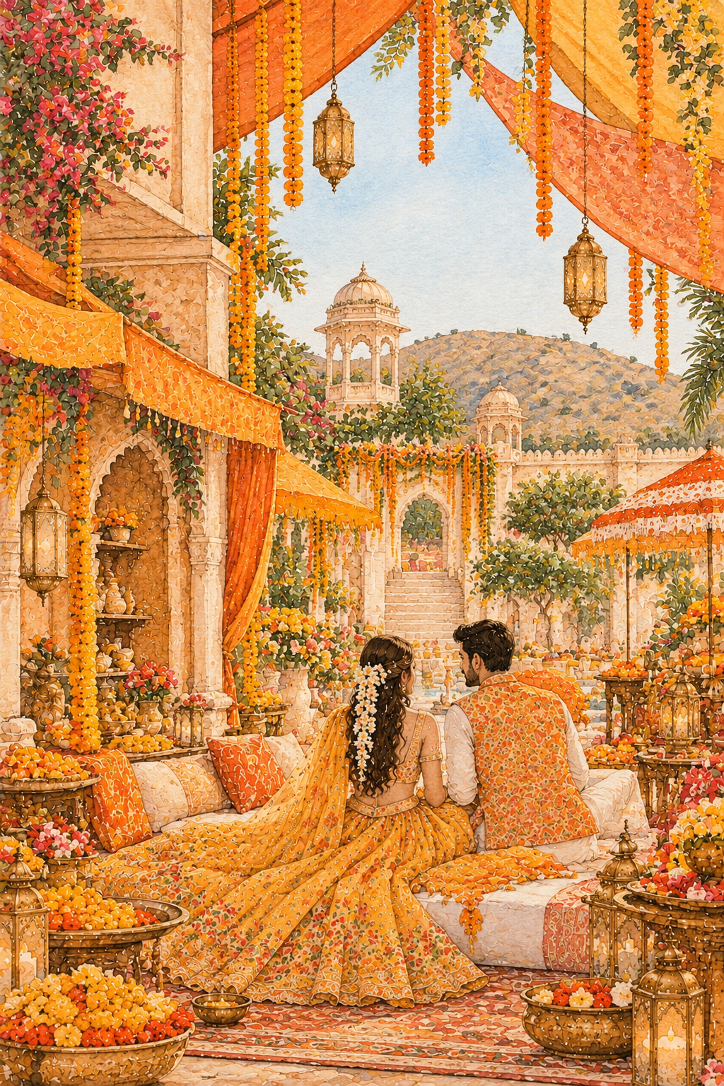 Haldi setting with marigolds and turmeric