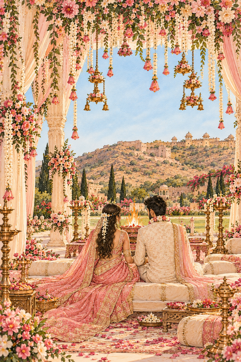 Four-pillar Hindu wedding mandap with marigolds, kalash and a sacred havan fire
